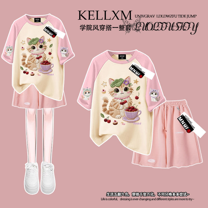 女童卡通猫咪仿刺绣2026夏季纯棉插肩短袖t恤短裤套装中大童时尚