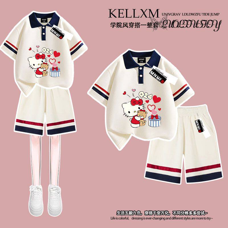 2026夏季新款卡通猫咪印花女童Polo衫t恤短袖短裤套装学生时尚ins