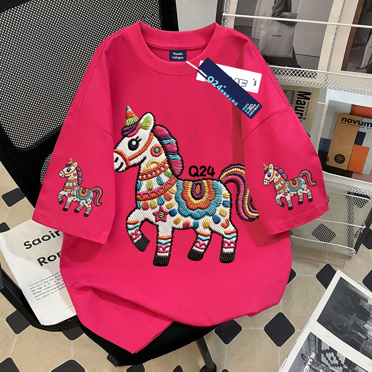 2026夏季新款火龙果色纯棉短袖t恤男女童马年仿刺绣中大童打底衫