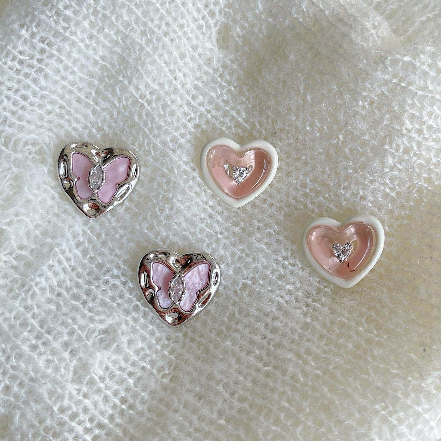 爱心拼接蝴蝶耳钉925银气质简约