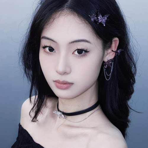 粉黑晕染蝴蝶戒指耳钉发夹套装女