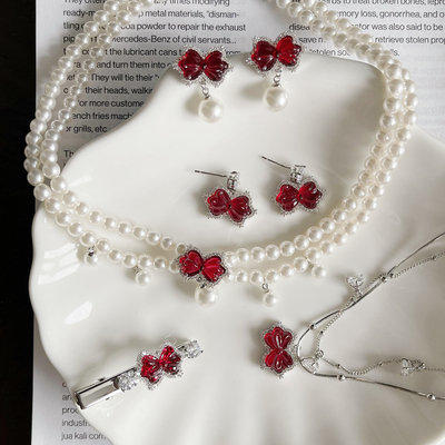 酒红色系轻复古珍珠耳钉项链发夹