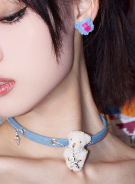 毛绒熊熊耳钉项链小众设计甜酷女