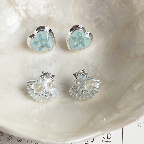 海星贝壳蓝色爱心925银针耳钉女