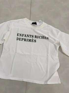 街巷erd24ss白标语短袖忧郁的富二代做旧破坏水洗纯棉t恤