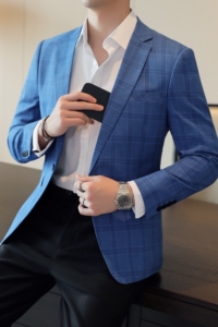 人模图2024新款男士休闲西装时尚修身西服格子单西外套DX6910P165图片