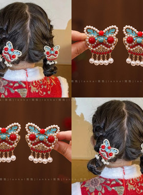 儿童红色醒狮发夹女童中国风发卡头饰女孩过年古风汉服发饰侧边夹
