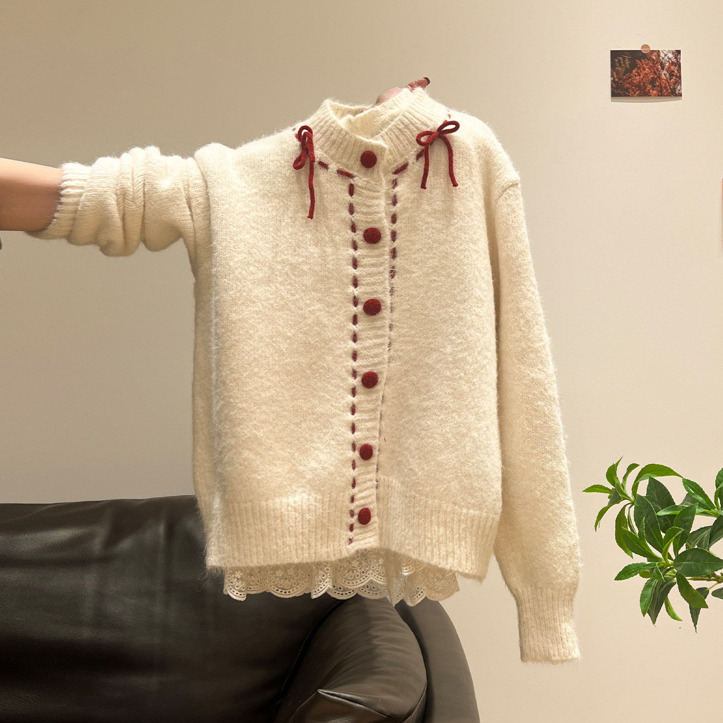 秋冬两件套蝴蝶结针织加厚开衫毛衣外套女蕾丝下摆长袖打底衫上衣