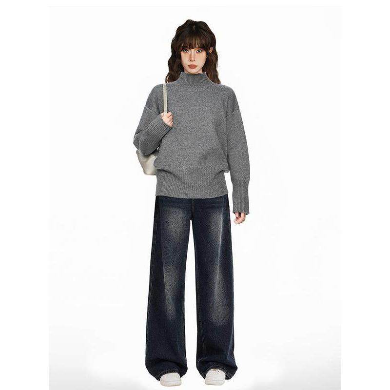 灰色高领套头毛衣女秋冬季加厚高级感内搭打底羊毛针织衫收腰上衣