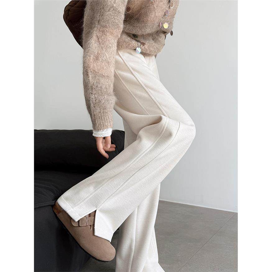 醋酸羊毛白色阔腿裤女秋冬2025新款高腰垂感毛呢窄版直筒开叉裤子