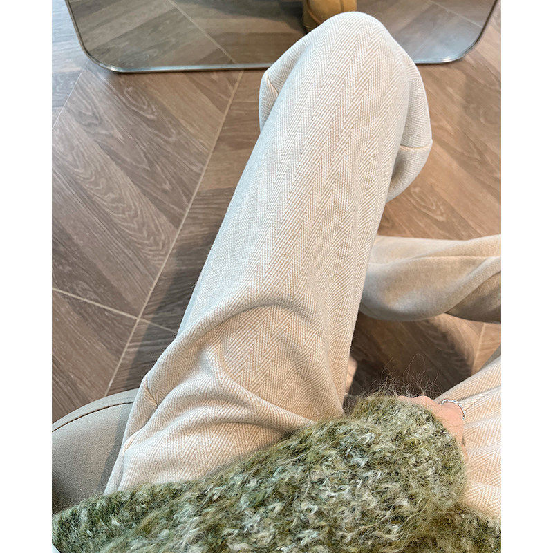 杏色毛呢阔腿裤女秋冬加厚高腰直筒人字纹羊毛小个子窄版加绒裤子,个性定制/设计服务/DIY,棉服工装,淘宝优惠券,粉丝福利购,淘宝优惠卷