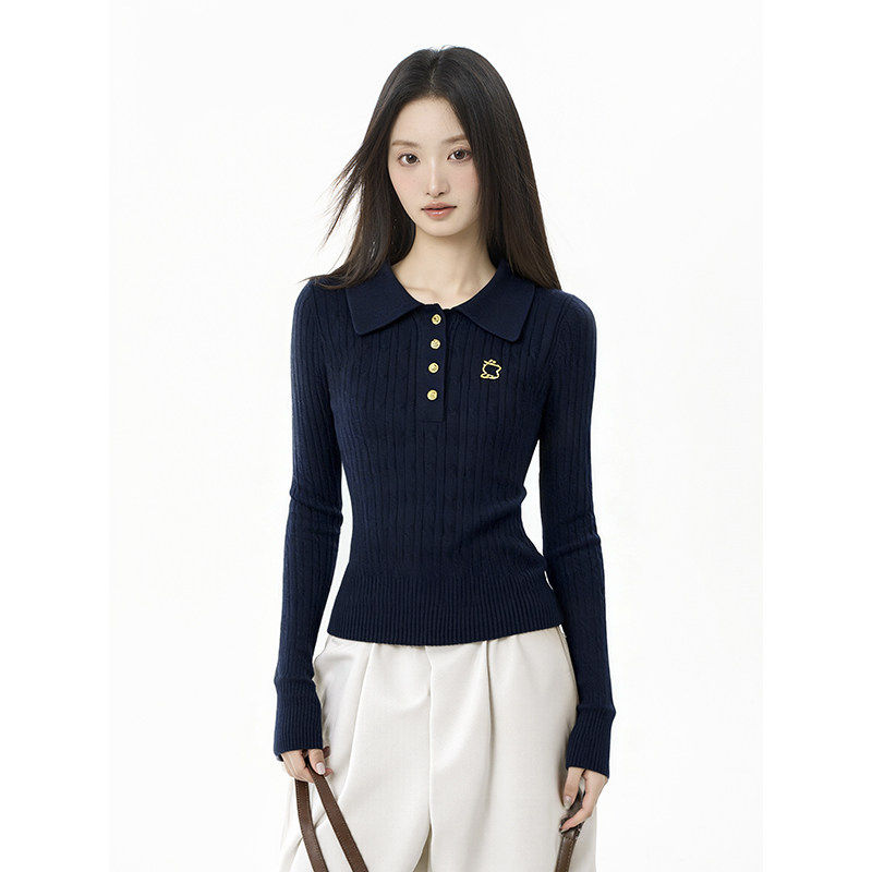 iiiamX藏蓝色正肩polo领针织衫上衣女秋冬季内搭修身翻领打底毛衣