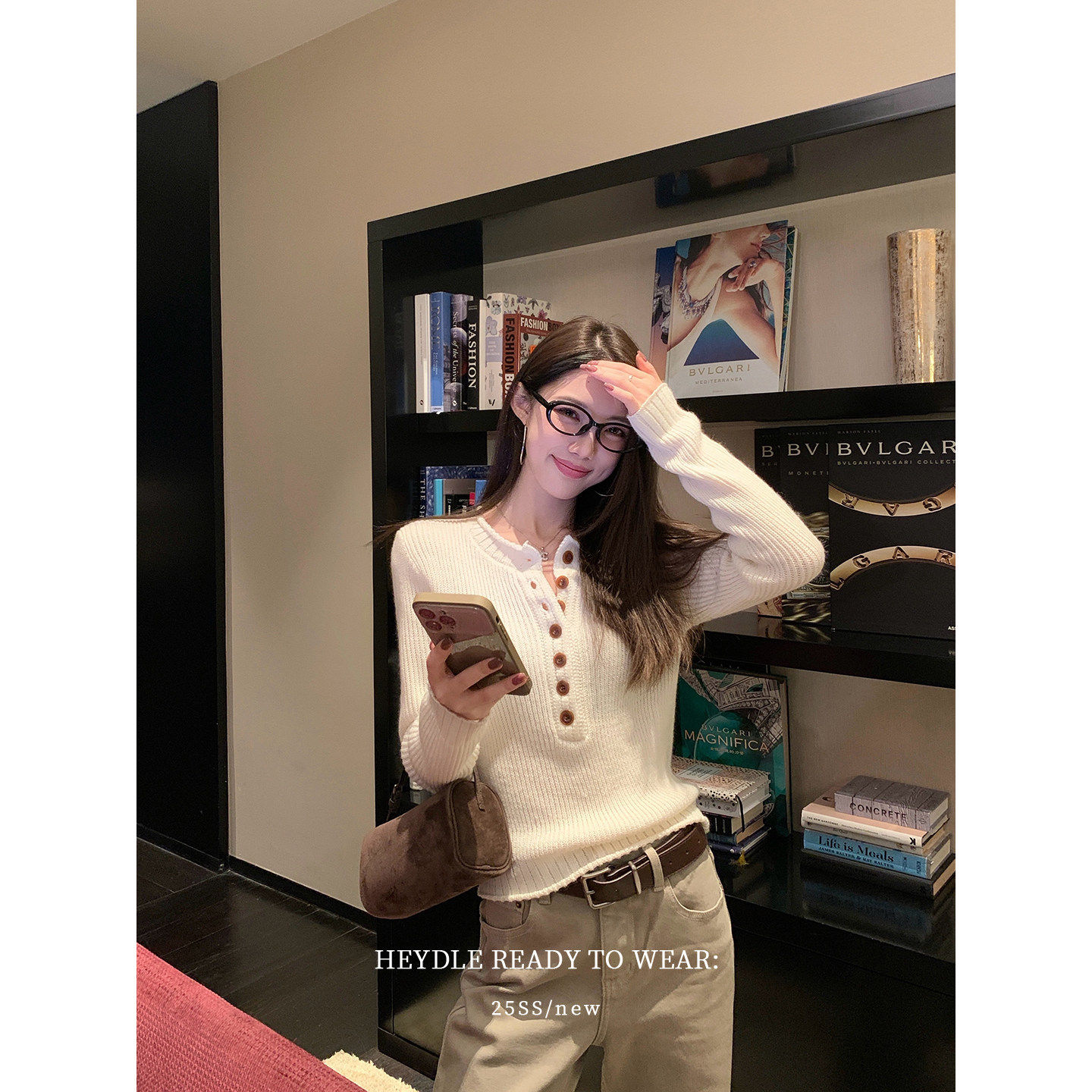 黑豆哼哼 缪缪女孩*绵羊毛混纺复古粗针毛衣亨利领系扣内搭针织衫