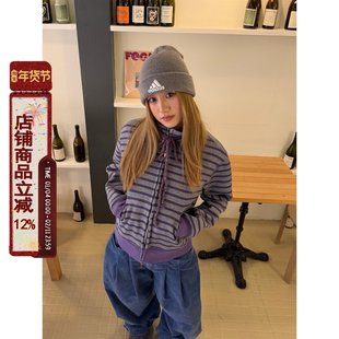 川川也条纹加绒立领卫衣外套美式男女秋冬穿搭抽绳复古百搭短上衣