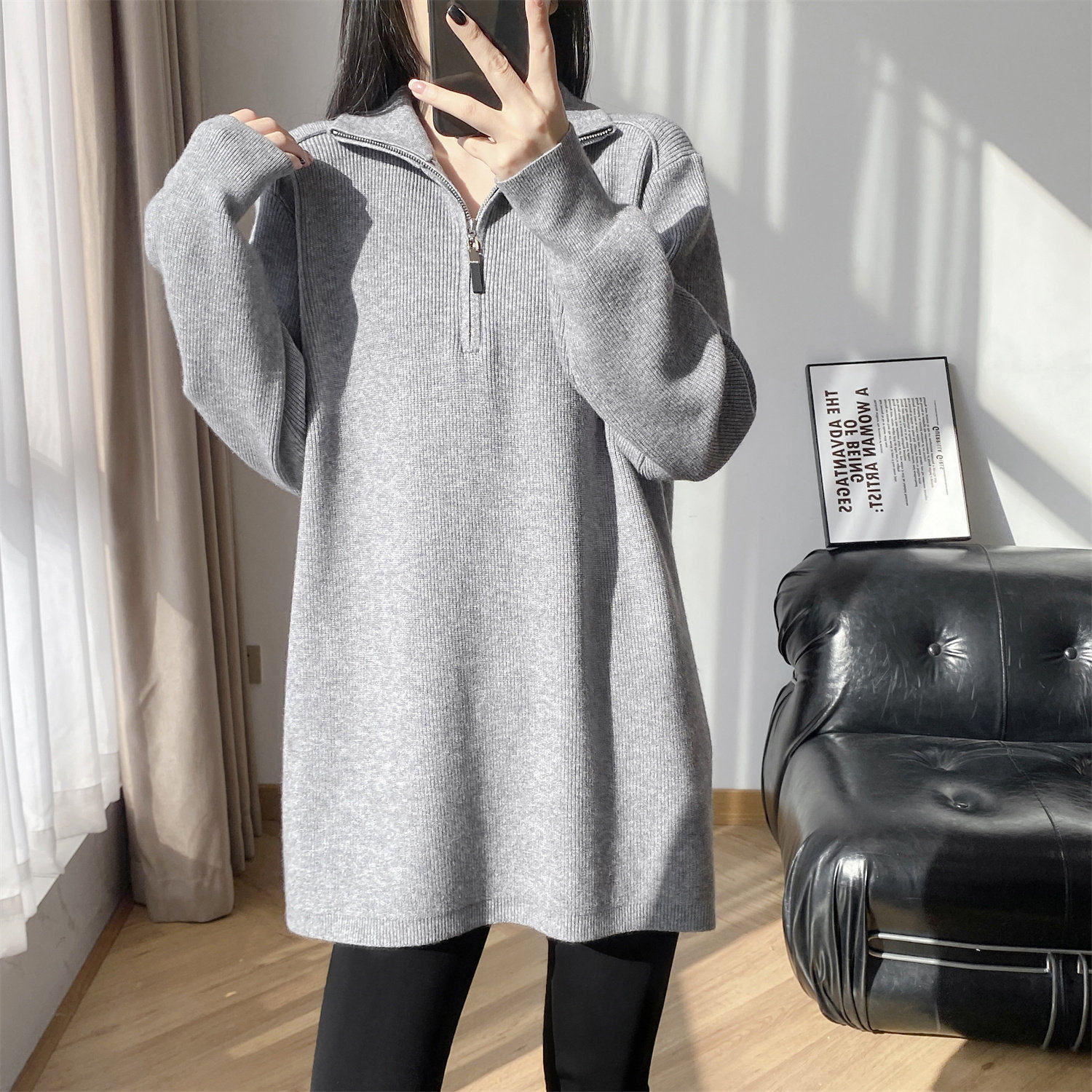 今年流行设计半拉炼 炼 毛衣女秋冬宽松慵懒风中长版遮屁股针织衫