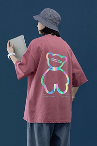 21夏季新款大码中性风oversize反光小熊运动短袖纯棉T恤T1904-P30图片