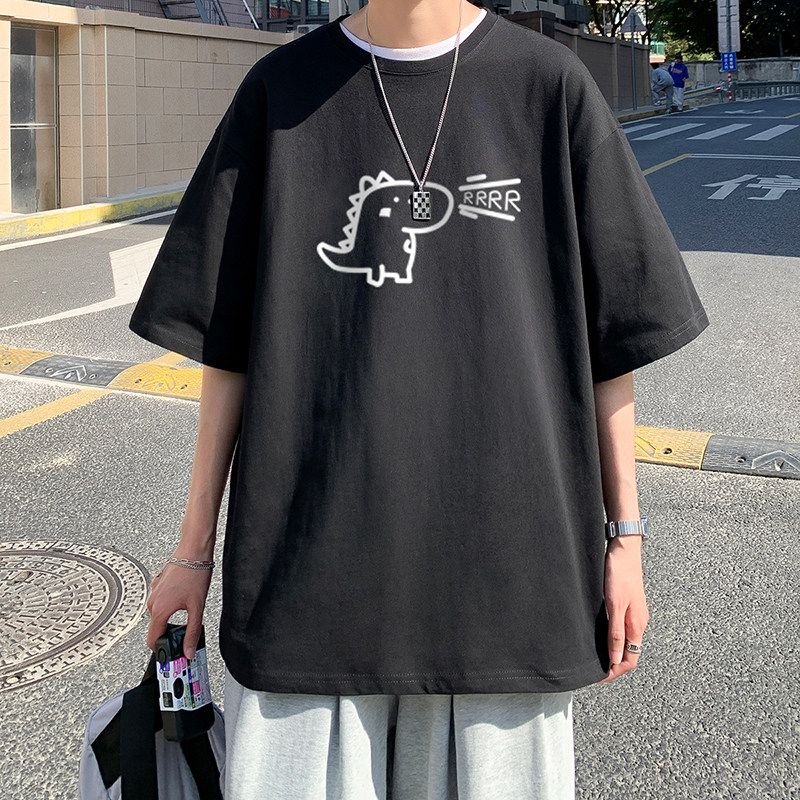 ！22夏季新款宽松大码港风小恐龙短袖纯棉T恤T51-P25,男装T恤,星座508（原C305）
