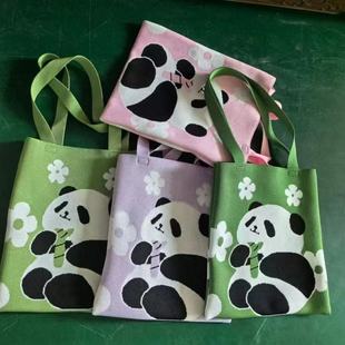 熊猫爷爷针织包大容量托特包单肩包可爱学生补课电脑笔记本袋收纳