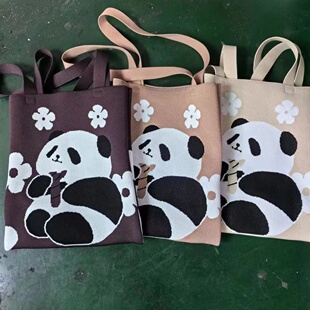 个性百搭通勤大容量帆布袋女包可爱熊猫针织单肩包手提包小众设计