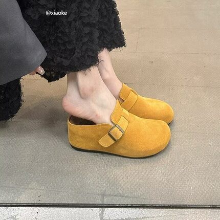 7CM内增高厚底鞋女夏季黄色勃肯鞋复古丑萌软皮懒人包头半拖鞋女