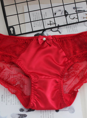 满3包邮2023新年内裤女红内裤色丁蕾丝性感本命年大红色三角肉裤