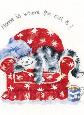 小小鱼DMC绣线T188卡通沙发上的猫简单萌宠精准印布十字绣套件