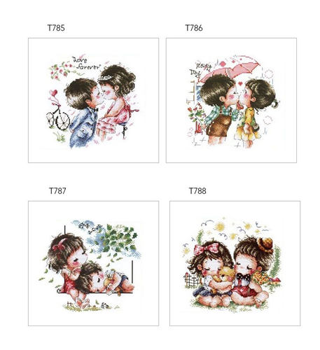 R线精准印花小小鱼十字绣套件 T785-788秋千情浓可爱小情侣四幅