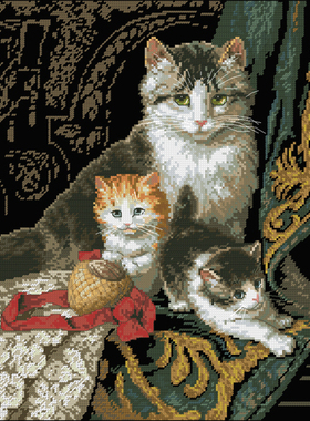 DMC绣线小小鱼D351猫咪一家可爱儿童客厅卧室画十字绣动物套件