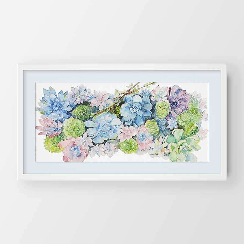 精准风印花套件多肉横版十字绣