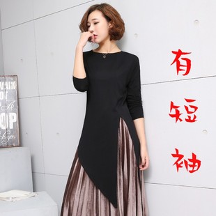 2025春季新品打底衫不规则套头开叉T恤圆领上衣中长款女装潮流款