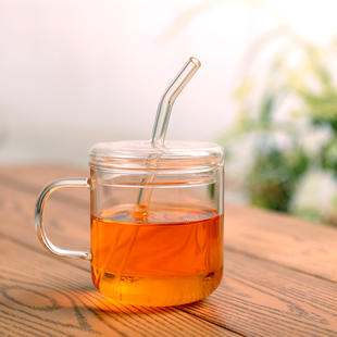 耐热玻璃吸管杯成人带盖带把花茶杯水杯透明果汁饮料牛奶杯子家用