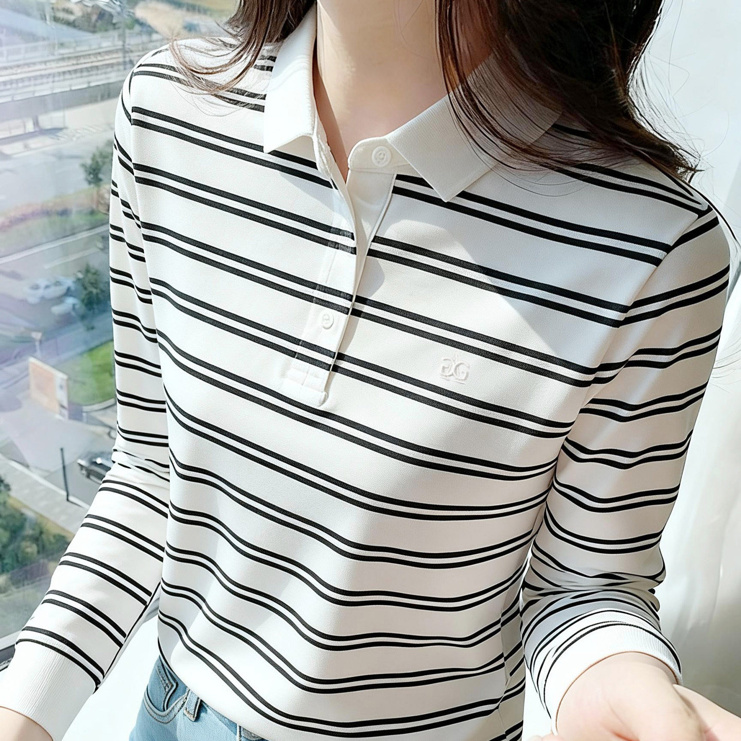 2026新款春秋款撞色条纹翻领纯棉t恤女 长袖薄宽松针织POLO衫上衣