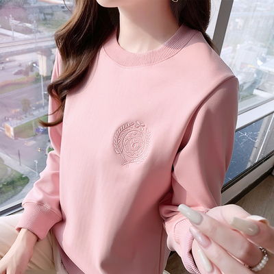 正肩加绒加厚刺绣圆领卫衣女