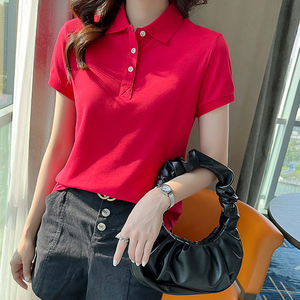 夏季纯棉t恤女大码翻领短袖polo衫 纯色定制印logo工作服休闲上衣