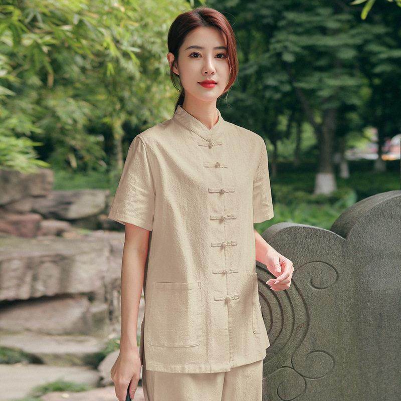 特卖夏季短袖居士服女薄款唐装中国风禅意佛系上衣中式棉麻禅修服