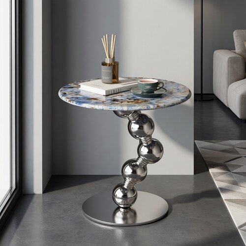 意式极简轻奢茶几设计师微晶石不锈钢圆形沙发边几高级感简约角几