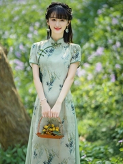 奥黛旗袍连衣裙中国风夏季青色年轻款走秀日常可穿2024年新款长款