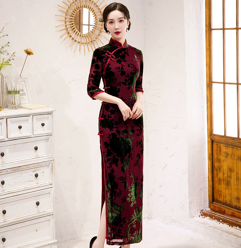 Advanced elite long demi-season velvet cheongsam, high-quality style, plus size