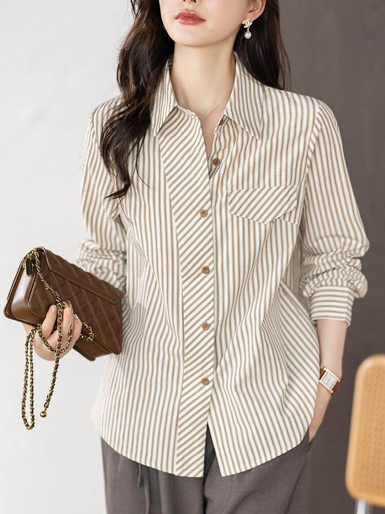 法式设计感宽松条纹衬衫女2025春秋新款通勤简约时尚翻领气质上衣