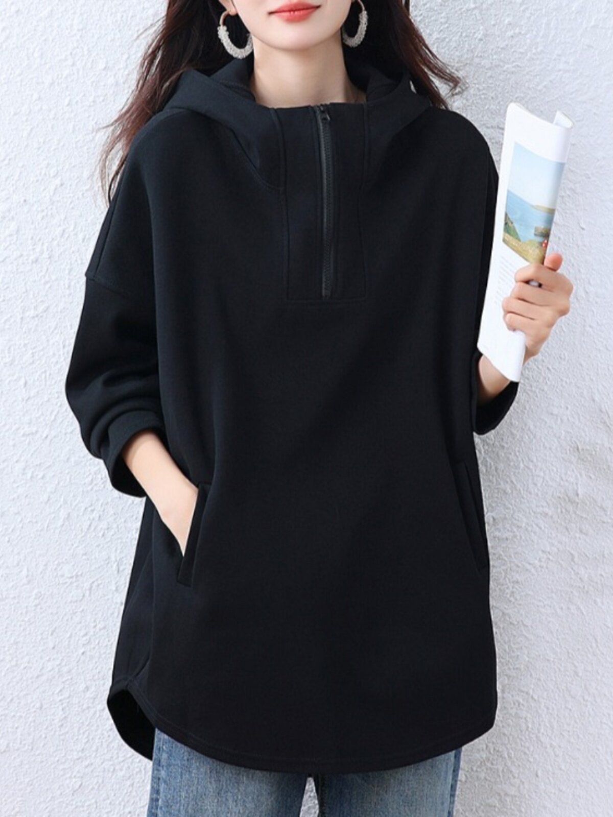黑色连帽半拉炼纯色卫衣女秋季新款中长款遮肚显瘦时尚休闲上衣