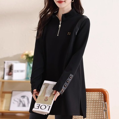 拼接立领卫衣女春秋冬季加绒大码宽松显瘦时尚洋气中长款休闲上衣