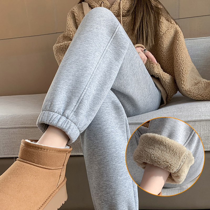 灰色毛绒运动束脚卫裤女2025秋冬新款高腰加绒加厚保暖棉裤子