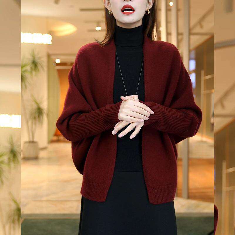 蝙蝠袖宽松大码针织衫外套女春秋新款V领毛衣开衫披肩休闲上衣