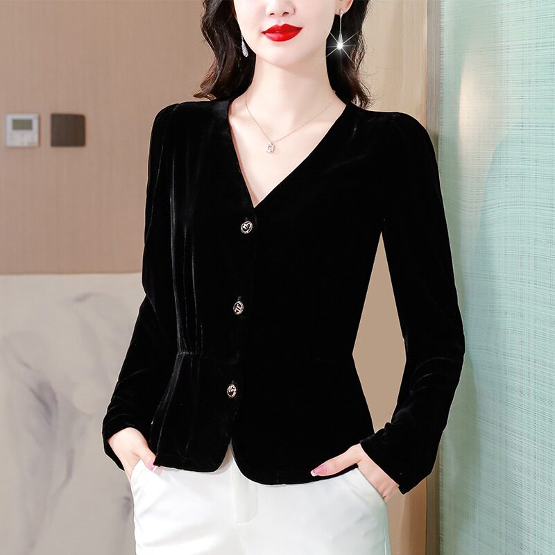 小香风黑色金丝绒V领短款衬衫女2025春秋季新款洋气修身打底上衣,女装/女士精品,大码内搭,淘宝优惠券,粉丝福利购,淘宝优惠卷