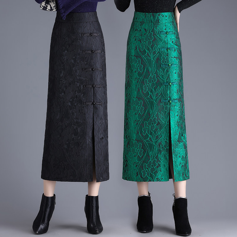 国风盘扣开叉提花半身裙女2025秋冬新款高腰修身中长款一步包臀裙