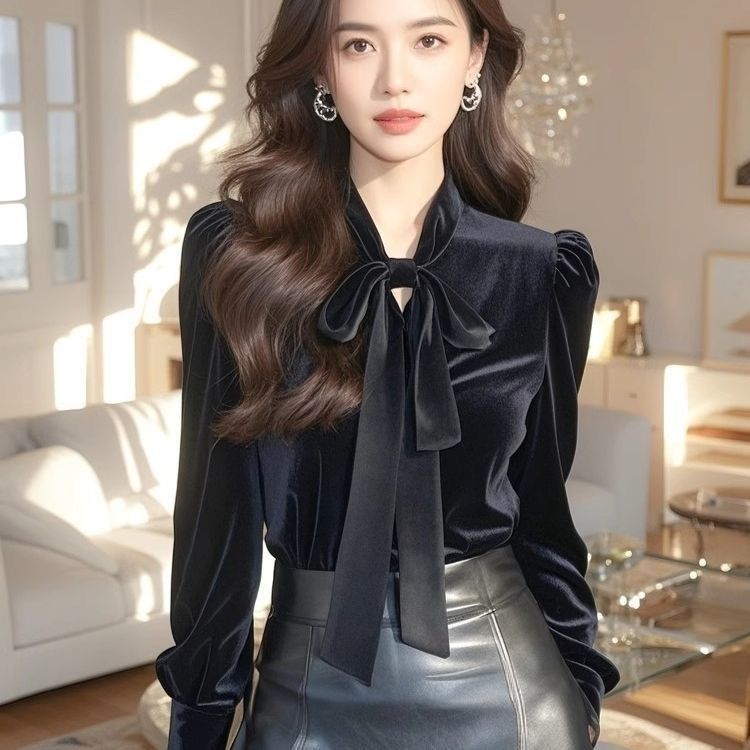 显瘦黑色金丝绒长袖蝴蝶结衬衫女