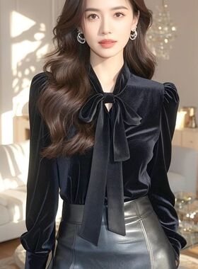 显瘦黑色金丝绒长袖蝴蝶结衬衫女士2025春法式高级感遮肉时尚上衣