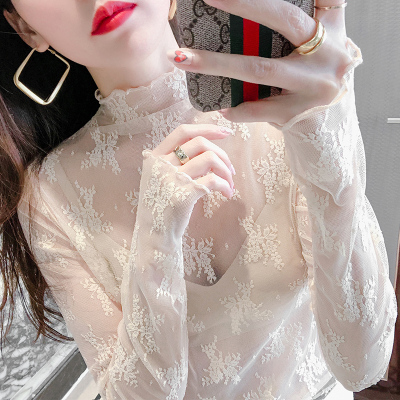 半高领蕾丝打底衫女2025年春秋新款薄款高端纱衣裙子内搭网纱上衣