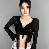跳舞开衫 hiphop运动腰搭网纱碎钻装 饰街舞潮牌爵士jazz修身 上衣女