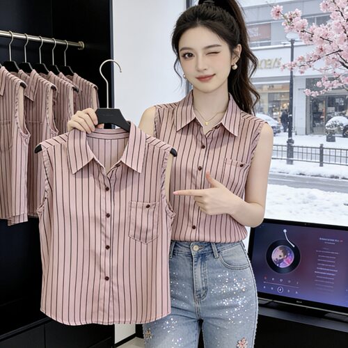 2026新款洋气条纹夏季坎肩背心女外穿衬衫无袖雪纺打底衫内搭上衣